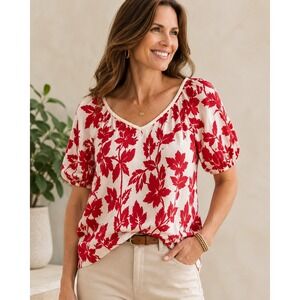 Chico's Red Tan Floral Linen V-Neck Puff Sleeve Top Blouse Size 1 Medium NWOT